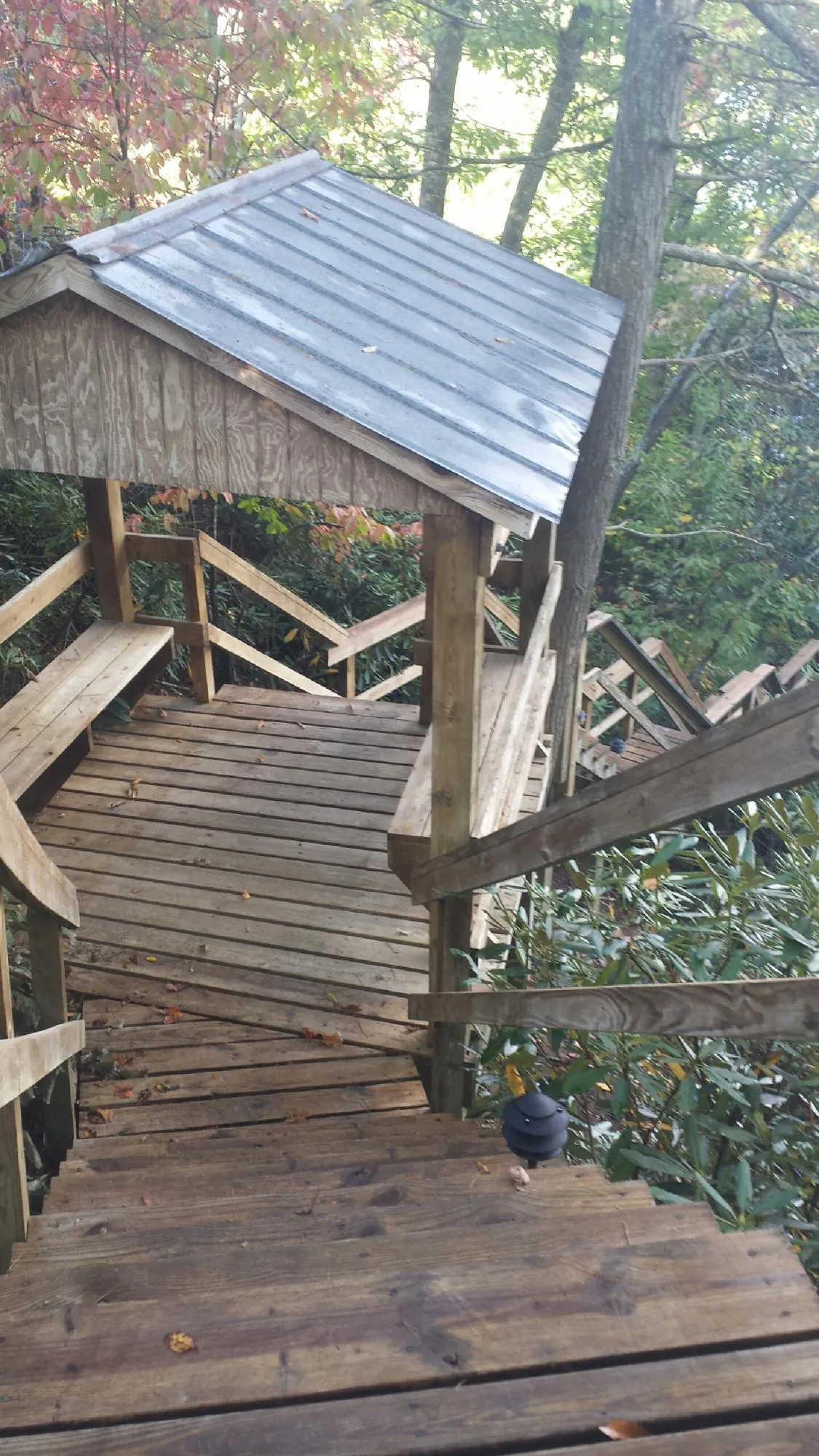 Metal roofed shelter over wooden steps on a wooded walkway — Skylight Repair & Installation work by our crew in Suttons Bay